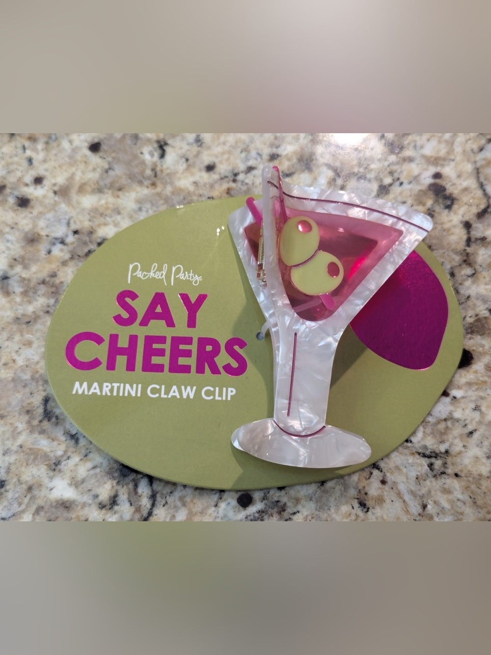 Packed Party Say Cheers Martini 4" Claw Clip Novelty Hairclip White Pink